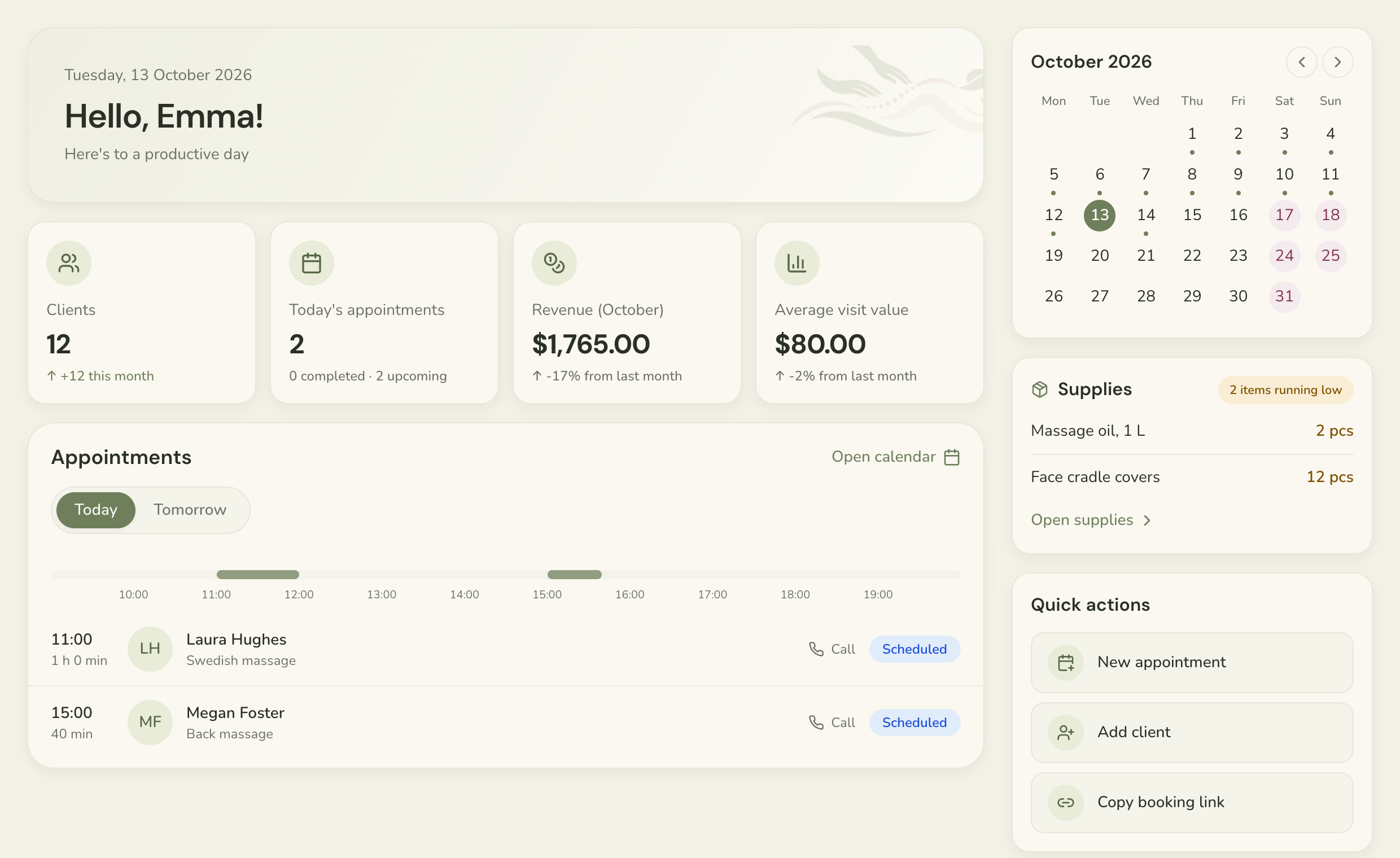 Massiko dashboard: today's appointments, revenue, average visit value and calendar